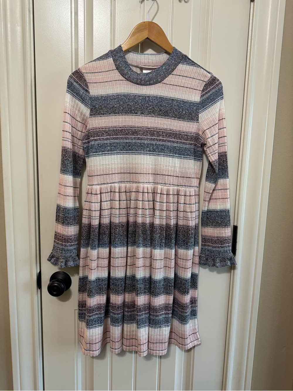 Bonnie Jean Girls Size 16 Pink Gray Striped Ribbed Knit Ruffle Babydoll Dress
